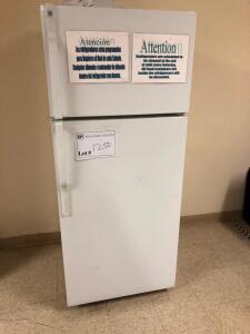 LOT, GE REFRIGERATOR TOP FREEZER W/ICE MAKER, LOT, 4 MICROWAVE OVENS, 1 TOASTER, 1 COFFEE POT, COAT RACK, TRASH CAN, 4 BREAKROOM TABLES 3' W X 8' L, 2 PLASTIC BANQUET TABLES 18" W X 8' L, 8 MISC CHAIRS, TOSHIBA 42" FLAT PANEL TV, DVD/VCR COMBO