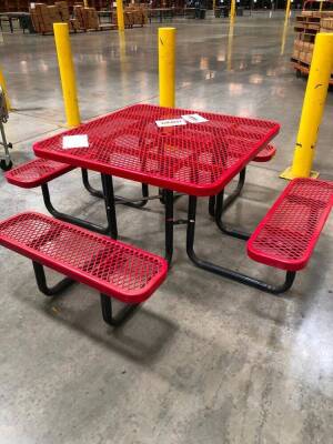 LOT, 4 BREAKROOM TABLES 60" DIAMETER, 4 OUTDOOR PICNIC TABLES, 1 PLASTIC BANQUET TABLE 18" W X 8' L, 6 TRASH CANS