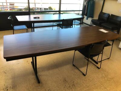 LOT, APPROXIMATELY 25 STACK CHAIRS, 4 BREAKROOM TABLES 3' X 8', COAT RACK, 3 OUTDOOR PICNIC TABLES, 2 OUTDOOR BENCHES, 2 LARGE TRASH CANS
