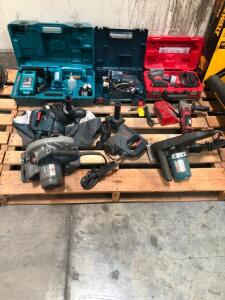 LOT, BOSCH CIRCULAR SAW, (2) BOSCH ROTOHAMMERS, BOSCH CORDED DRILL, MILWAUKEE CORDED SANDER IN CASE, MILWAUKIE CORDLESS GRINDER WITH CHARGER (NO BATTERY), MAKITA CIRCULAR SAW (MISSING GUARD), MAKITA CORDLESS CHAINSAW IN CASE.