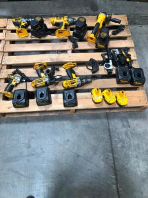 LOT, (1) DEWALT CORDLESS 18V DRILL, (1) DEWALT CORDLESS 18V IMPACT DRIVER, (1) DEWALT CORDLESS 18V GRINDER, MISC DEWALT CORDLESS PARTS, ALL AS SHOWN