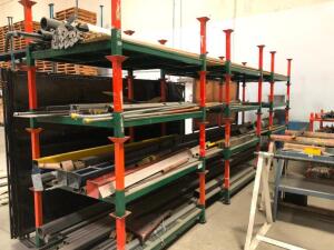 LOT, 12 SECTIONS SHORT STACK RACK WITH CONTENTS (STOCK METAL), STOCK METAL AGAINST WALL, IRON HORSES, WALL RACK