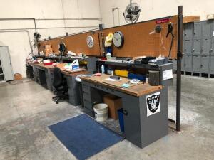 LOT, 8 WORKBENCHES WITH CONTENTS, 2 STEEL CABINETS WITH CONTENTS, 18 LOCKERS (1/3 SIZE), (LOT IS FURNITURE ONLY, LOT DOES NOT INCLUDE ANY IT EQUIPMENT OR ELECTRONICS)