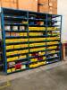 LOT, 8 ROWS OF METAL SHELVING, 1 ROW AGAINST WALL, APPROXIMATELY 99 SECTIONS, INCLUDES SHELF CONTENTS (MOSTLY SPARE PARTS), 2 YELLOW CABINETS, MISC FURNITURE