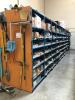 LOT, 8 ROWS OF METAL SHELVING, 1 ROW AGAINST WALL, APPROXIMATELY 99 SECTIONS, INCLUDES SHELF CONTENTS (MOSTLY SPARE PARTS), 2 YELLOW CABINETS, MISC FURNITURE - 3