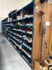 LOT, 8 ROWS OF METAL SHELVING, 1 ROW AGAINST WALL, APPROXIMATELY 99 SECTIONS, INCLUDES SHELF CONTENTS (MOSTLY SPARE PARTS), 2 YELLOW CABINETS, MISC FURNITURE - 6