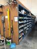 LOT, 8 ROWS OF METAL SHELVING, 1 ROW AGAINST WALL, APPROXIMATELY 99 SECTIONS, INCLUDES SHELF CONTENTS (MOSTLY SPARE PARTS), 2 YELLOW CABINETS, MISC FURNITURE - 7