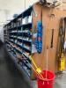 LOT, 8 ROWS OF METAL SHELVING, 1 ROW AGAINST WALL, APPROXIMATELY 99 SECTIONS, INCLUDES SHELF CONTENTS (MOSTLY SPARE PARTS), 2 YELLOW CABINETS, MISC FURNITURE - 8