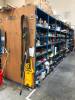 LOT, 8 ROWS OF METAL SHELVING, 1 ROW AGAINST WALL, APPROXIMATELY 99 SECTIONS, INCLUDES SHELF CONTENTS (MOSTLY SPARE PARTS), 2 YELLOW CABINETS, MISC FURNITURE - 9