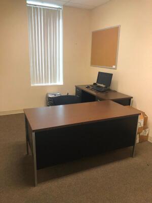 LOT, CONTENTS OF 4 OFFICES, INCLUDES DESKS, CHAIRS, FILE CABINETS, REFRIGERATOR, COOLER, SHELVES, (LOT IS FURNITURE ONLY, LOT DOES NOT INCLUDE ANY IT EQUIPMENT OR ELECTRONICS)