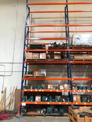 LOT, PALLET RACK PLUS PARTS. CONVEYOR SPARE PARTS CONSISTING OF ALL ITEMS ON RACKING AND 10 PALLETS ON FLOOR IN FRONT OF RACKING, 4 SECTIONS PALLET RACKING (5 UPRIGHTS 34" DEEP X 25' TALL, 54 BEAMS 9' LONG), AS SHOWN.