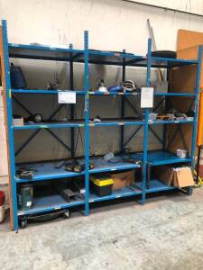 LOT, 3 SECTIONS METAL SHELVING, INCLUDES CONTENTS