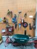 LOT, TOOLS ON PEGBOARD, 2 SECTIONS, LIGHTS, WHEEL BARROW