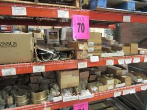 Assorted Brass Strainers, Unions, Valves (2 shelves)