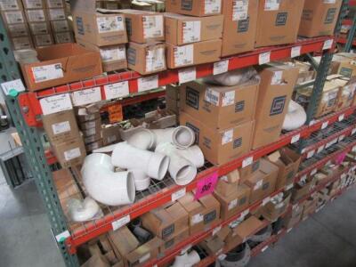 Assorted PVC Pipe Fittings, Flange, P-Traps, Nipples, Bend HxH, Cap Sockets (8 shelves)
