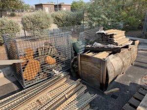 (Lot) steel piping, scrap metals, misc fittings and 2 cages