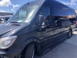 2014 Mercedes-Benz Sprinter SUV, Mileage: 142,625, Exterior: Black, Interior: Black Leather, Driver Partition, Lighting Throughout Cab, USB and Plug Outlets, Overhead Storage, Window Shades, 9 Passenger Seats, 2 Concealed Monitors (Rear & Forward Facing),