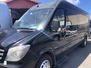 2014 Mercedes-Benz Sprinter 3500 Limo, Mileage: 143,459, Exterior: Black, Interior: Black Leather, Driver Partition, Wood Floor, 2 Monitors, Bar, 11 Rear Passenger Bench Seats, Limo Style, Smart Touch Control Window Shades Lighting Throughout, VIN: WD3PF4