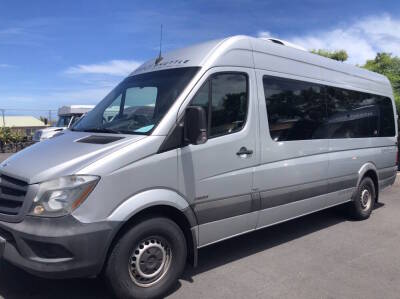 2015 Mercedes-Benz Sprinter, Mileage: 230,409, Exterior: Silver, Interior: Black Leather, 10 Passenger Bench Seats, Rear Camera, Automatic Side Passenger Step, Rear Bumper Step, VIN: WDZPE8CC9FP125650, Location: Kailua Kona, HI