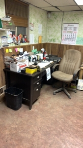 (1) WOOD DESK, OFFICE CHAIR, AND (3) PLASTIC SHELVING (NO CONTENTS)