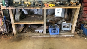 LOT OF ASST POWER TOOLS, HAND TOOLS AND WOOD TABLE W/ VISE AND GRINDER 