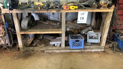 LOT OF ASST POWER TOOLS, HAND TOOLS AND WOOD TABLE W/ VISE AND GRINDER