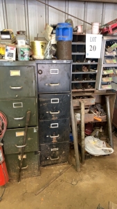 LOT OF ASST SCREWS, BOLTS, NUTS W/ CABINET, (2) FILE CABINETS, WOOD TABLE AND METAL TABLE W/ CONTENTS 