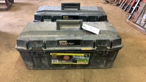 LOT OF (2) STANLEY TOOL BOXES W/ ASST TOOLS, MALLETS, SCREWDRIVER, CUTTERS 