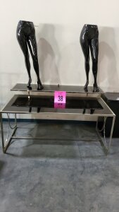 6 FT X 46 INCH CHROME BASE / BLACK ACRYLI TOP TIERED TABLE WITH 2 FEMALE MANNEQUIN LEGS
