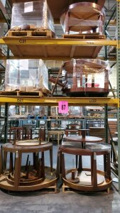 LOT OF 9 ASST'D ROUND TIERED DISPLAY TABLES WALNUT