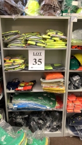 LOT OF ASSTD CONSTRUCTION CLOTHING, VESTS, AND HARD HATS WITH 3 BOOK CASES