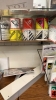 LOT OF ASSTD SIGNS, HAZARD STICKERS AND SCOOPS WITH (2) STORAGE CABINETS, BOOK CASE AND WALL WIRE RACK - 4