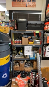 LOT OF ASSTD ITEMS: APPRX 120 PAIRS OF WORK GLOVES, EXTENSION CORDS, WATER HOSE, TRASH CANS, WATER JUGS, HEAVY DUTY C - CLAMPS, BRAKE FLUID, BOOSTER CABLES, HOOK SETS, AND HANGING BRACKETS WITH SHELVING AND RACK