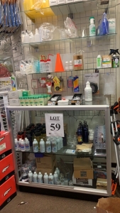 LOT OF ASSTD HARD HATS, SELF - SEALING AND DEFEND STERILIZE POUCHES, PLASTIC BAGS, PLASTIC CUPS, NUTS, LED LIGHTS, LAB DISPOSABLES, STAN-SPORT WIDE MOUTH BOTTLES, ALCOHOL DISPENSER, STAKE POCKET ANCHOR POINTS, EMERGENCY REPAIR TAPE, 2 INCH BLIND SPOT STIC