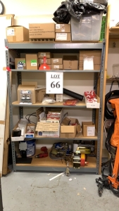 LOT OF ASSTS ANCHORS WITH SCREWS, TOGGLE BOLT ANCHOR POINTS, PLASTIC PUTTY KNIFE, NUTS, AND UTILITY S - HOOK WITH SHELVING AND WIRE RACK