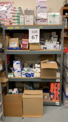 LOT OF ASSTD MEDICAL SUPPLIES: BAND AIDS, STING RELIEF PADS, SPORT TAPE, COHESIVE BANDAGES, BZK TOWELETTE, TONGUE DEPRESSORS, GAUZE PADS WITH 2 RACKS