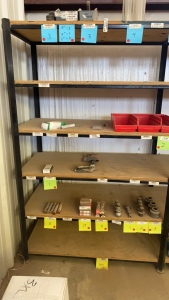 LOT ASST'D WORK GLOVES, WHITE COVERALLS, BRUSHES, SIGHT GLASS, SPARK PLUGS, TRAILER BALL, GAS AIR MIXER, MARKERS, HOOK JAW, PRESSURE REGULATOR, C CLAMPS, BELT DRESSING, HAND CLEANER, PLASTIC COOLERS WITH (2) METAL RACKS, - (LOCATION: - 3401 Garden City Hw