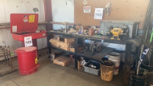 Metal work table with wood top, dewalt Dw758 grinder, solvent parts washer model 30, Justrite 21 gallon oily waste can, and asst&#8217;d parts, - (LOCATION: - 3401 Garden City Hwy Midland, TX 79705)