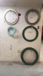 LOT OF MISC GASKETS.
RING JOINT GASKETS, FIBER GASKETS, FLANGE GASKETS, FIBER GASKETS, SPIROFLEX GASKETS, FLEXITALIC GASKETS, O RING REPAIR KITS.
APPROXIMATELY 1660 PIECES, SIZES FROM 3/4 TO 24 INCHES.
AS SHOWN. ALL ON WALL PEGS AND STEEL SHELVES.
SHELVES