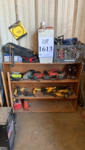 LOT OF ASST'D POWER AND HAND TOOLS DRILLS, SAWZALL, POWER DRILLS, GRINDERS, HAND GRINDER, SLEDGE HAMMER, PIPE WRENCHES, LIGHT STAND, METAL TABLE, METAL BENDER AND BOOK SHELF W/ CONTENTS (NO TANKS) (MAIN BUILDING)(Located at Ft Morgan, CO)