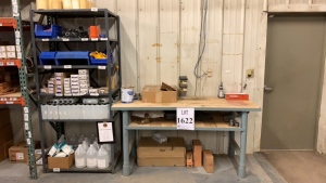 METAL TABLE W/ (5) SECTION OF SHELVING W/ CONTENTS HAND SANITIZER, SHEAVE, BUSHING, SAFETY YELLOW PAINT, BRANCH TEE, HALF UNION, COMPRSSION TEE, SS UNION, 90 DEG ELL, SPARK PLUG, SOFT CONE PACKING AND CLEANING SUPPLY (MAIN BUILDING)(Located at Ft Morgan,