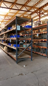 LOT OF 12 SEC. PALLET RACKING, 10FT X 4FT X 8FT , (120) BEAMS W/ WIRE DECKING AND PLAYWOOD ( DELAY PICK UP ) BUYERS ARE RESPONSIBLE TO CUT OFF ANY BOLTS, ( LOCATED IN ODESSA TX )