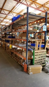 LOT OF 12 SEC. PALLET RACKING, 10FT X 4FT X 8FT , (144) BEAMS W/ WIRE DECKING AND PLAYWOOD ( DELAY PICK UP ) BUYERS ARE RESPONSIBLE TO CUT OFF ANY BOLTS, ( LOCATED IN ODESSA TX )