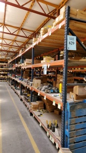 LOT OF 12 SEC. PALLET RACKING, 10FT X 4FT X 8FT , (108) BEAMS W/ WIRE DECKING AND PLAYWOOD ( DELAY PICK UP ) BUYERS ARE RESPONSIBLE TO CUT OFF ANY BOLTS, ( LOCATED IN ODESSA TX )