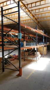 LOT OF 12 SEC. PALLET RACKING, (7) 10FT X 4FT X 8FT , (5) 12FT X 4FT X 8FT, (76) BEAMS W/ WIRE DECKING AND PLAYWOOD ( DELAY PICK UP ) BUYERS ARE RESPONSIBLE TO CUT OFF ANY BOLTS, ( LOCATED IN ODESSA TX )