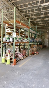 LOT OF 10 SEC. ASST'D PALLET RACKING, , (44) BEAMS W/ WIRE DECKING AND PLAYWOOD ( DELAY PICK UP ) BUYERS ARE RESPONSIBLE TO CUT OFF ANY BOLTS, ( LOCATED IN ODESSA TX )