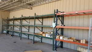 LOT OF 6 SEC. PALLET RACKING, 10FT X 44IN X 92IN , (36) BEAMS W/ PLAYWOOD BUYERS ARE RESPONSIBLE TO CUT OFF ANY BOLTS, ( LOCATED IN ODESSA TX )