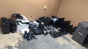 LOT, IT EQUIPMENT.
DESKTOP COMPUTERS, LAPTOP COMPUTERS (DELL AND ASUS) HIGH SPEED SCANNERS, HP AND CANON PRINTERS, HP AND CANNON TONERS, MONITORS, OLDER IPHONES (FUNCTIONALITY UNKNOWN), DELL ROUTERS, RCA TELEPHONE HANDSETS, INTERMEC HAND SCANNERS. APPRIXI