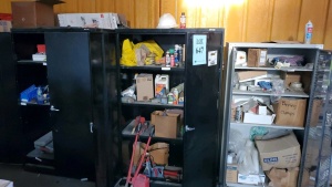 LOT OF 4 STORAGE CABINETS W/ CONTENS TOOLS, PARTS, SHIPPING SUPPLIES, SAFETY GEAR ( LOCATED IN ODESSA TX )