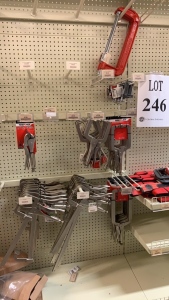 LOT OF ASST'D HAND TOOLS ALLEN WRENCHES, PLIERS, C CLAMPS, LOCKING SHEET METAL CLAMPS, C CLAMPS W/ SLIDING ARM AND CHAIN WRENCH (ROW 22)